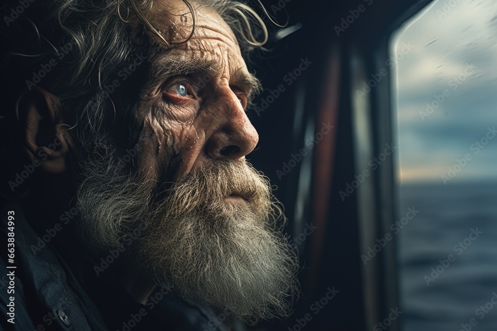 Leinwandbilder a picture of a man with a long beard looking out a window. this image can be used to depict curiosit