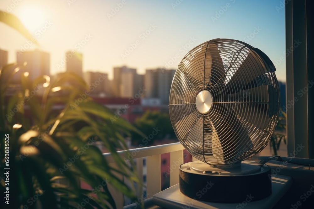 Poster a compact tabletop fan sits on a table next to a window, providing a cool breeze on a sunny day.