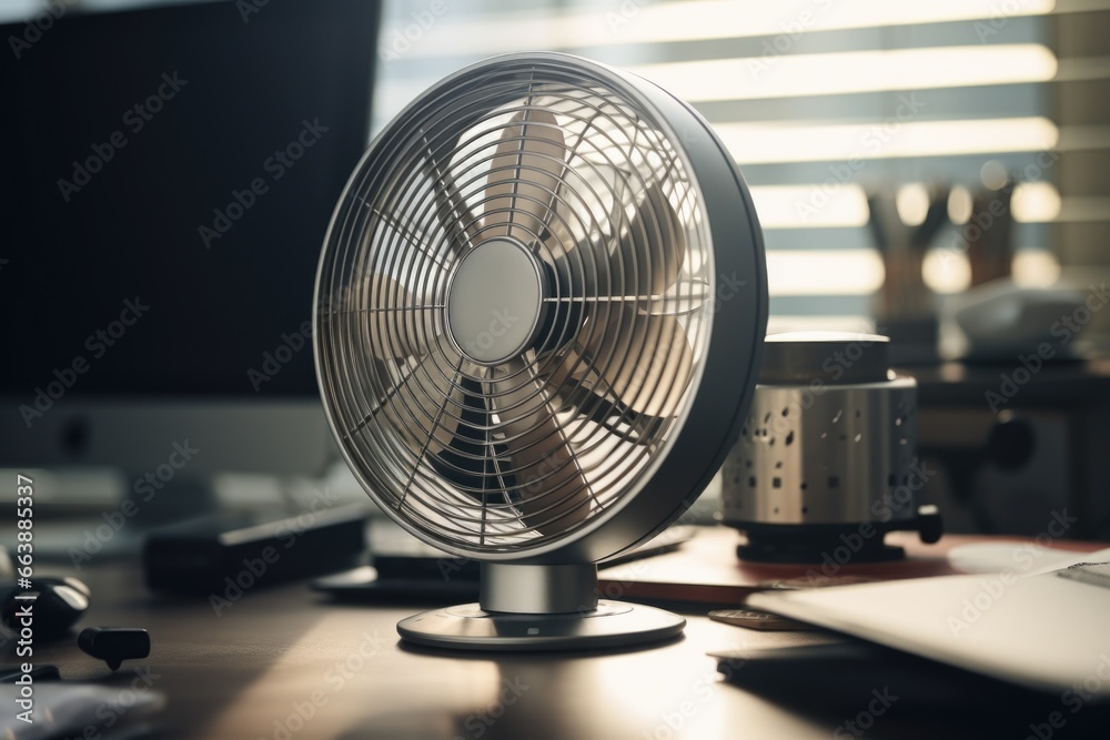 Poster a fan sitting on top of a wooden desk. perfect for adding a touch of ventilation to any workspace or
