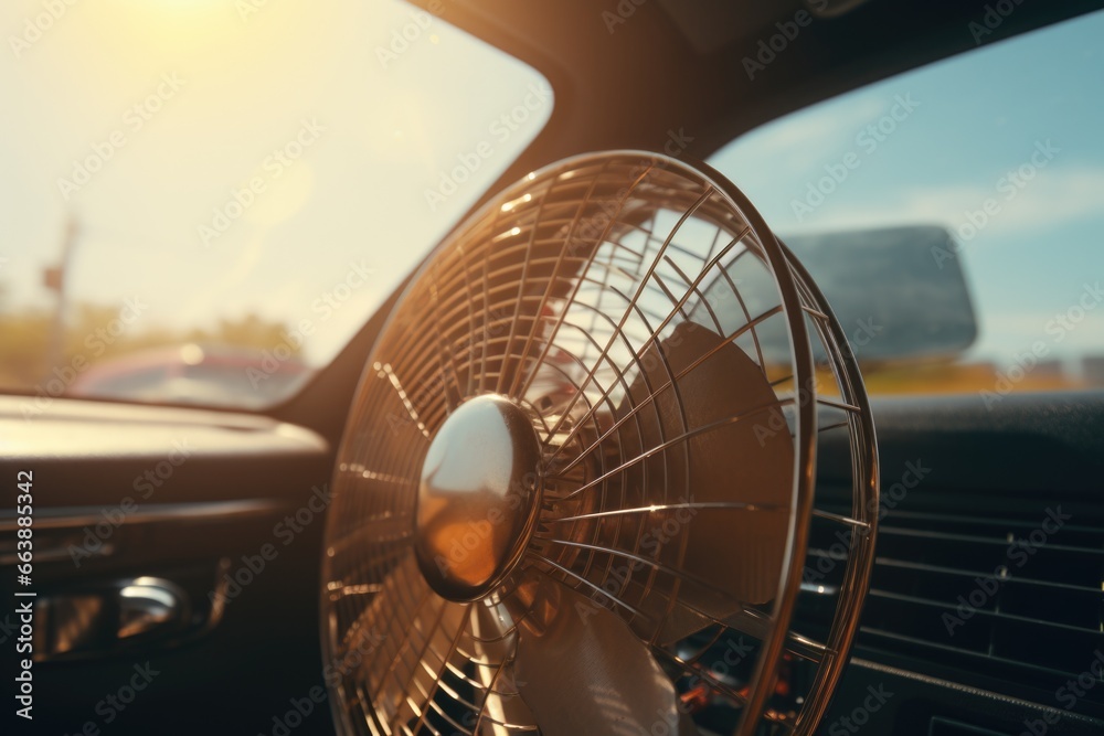 Poster a detailed view of a fan inside a car. this image can be used to illustrate automotive cooling syste