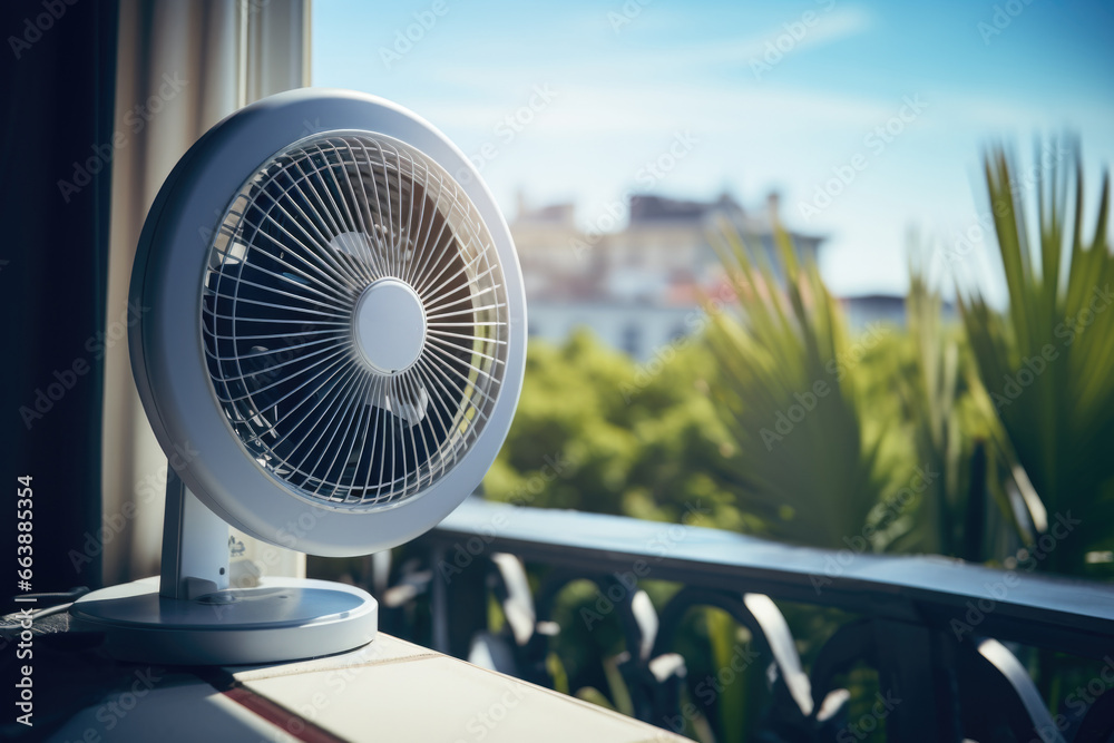 Poster A white fan sitting on top of a window sill. Perfect for adding a touch of elegance and functionality to any room.