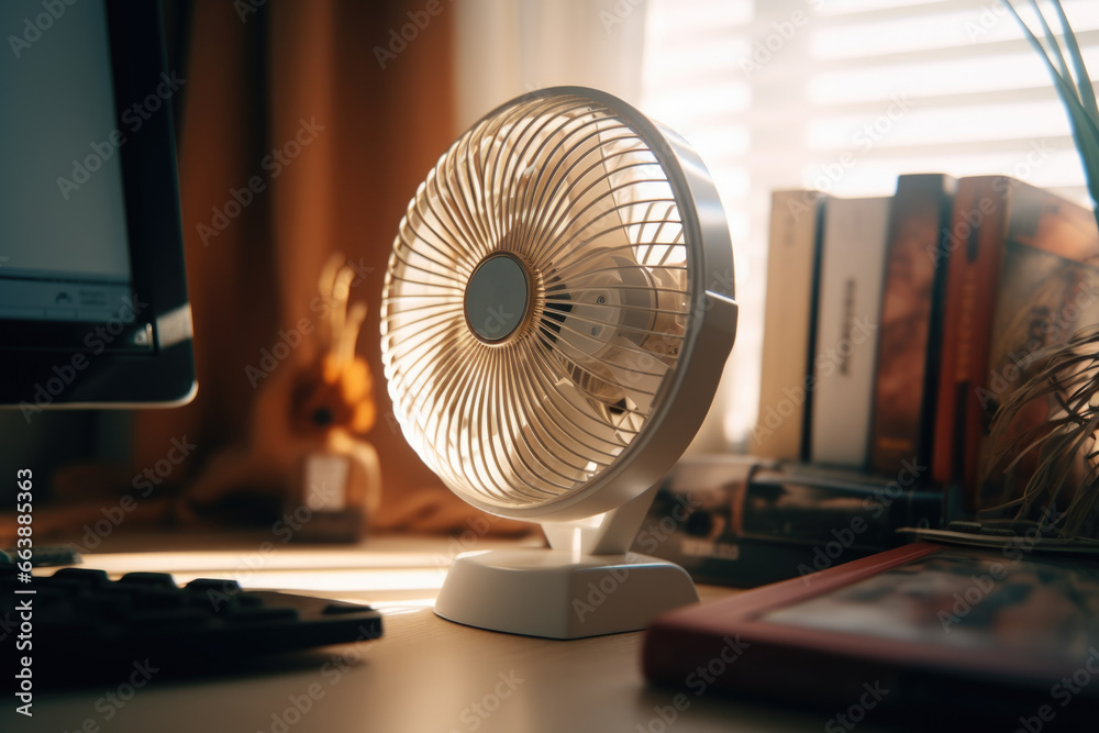 Poster A fan sitting on top of a desk next to a computer. This image can be used to depict a cooling solution for computers or to illustrate the concept of staying cool in a work environment.
