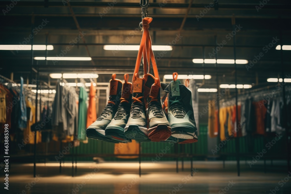Poster a pair of shoes hanging from a hook. this versatile image can be used to represent concepts such as 