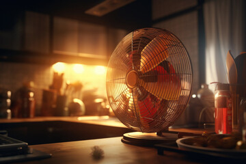 A fan sitting on top of a wooden table. Can be used for home decor or cooling purposes.