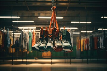 A pair of shoes hanging from a hook. This versatile image can be used to represent concepts such as organization, storage, fashion, or even the idea of leaving one's mark. - Powered by Adobe