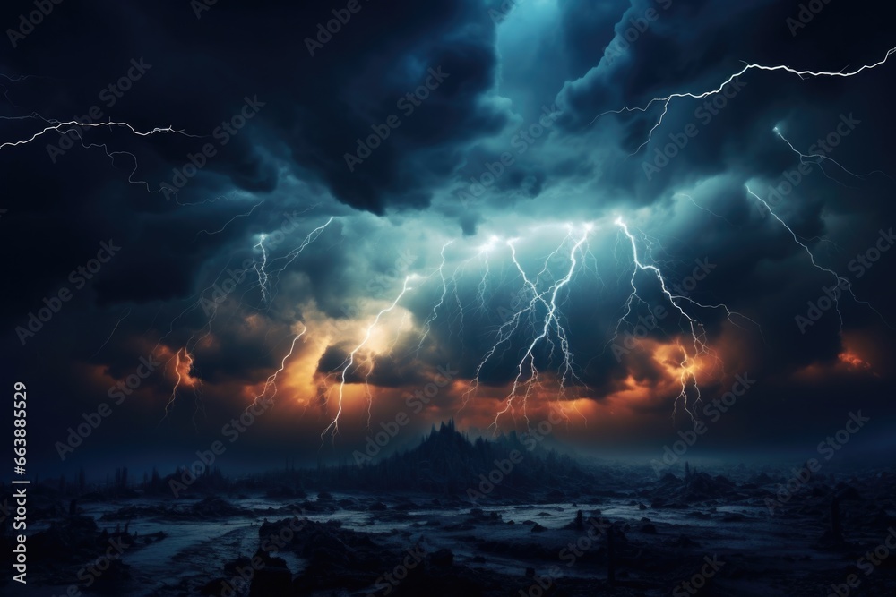 Poster A powerful image of a dark sky with lightning bolts shooting out of it. Perfect for adding drama and intensity to any project.