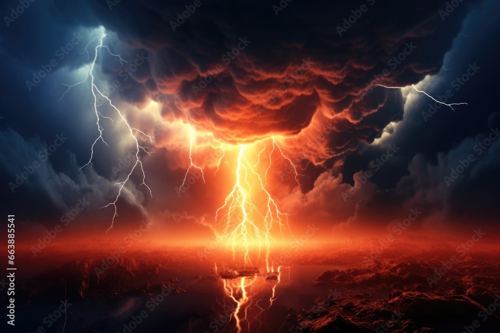 Poster a powerful lightning storm illuminates a vast field of grass.