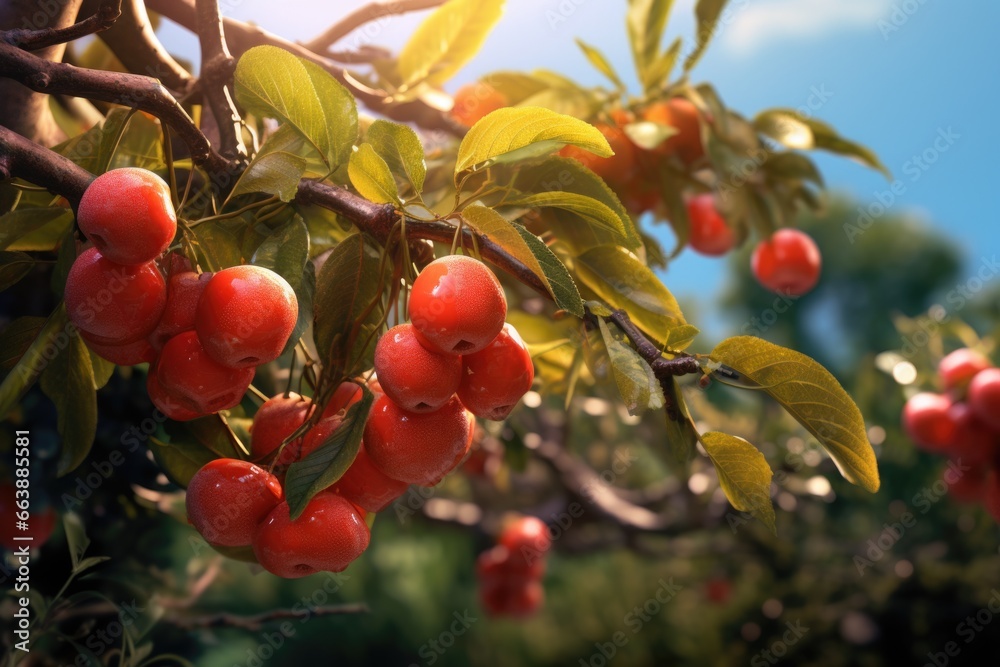 Poster A bunch of red cherries hanging from a tree. This image can be used to showcase fresh fruits or to represent summertime and nature.
