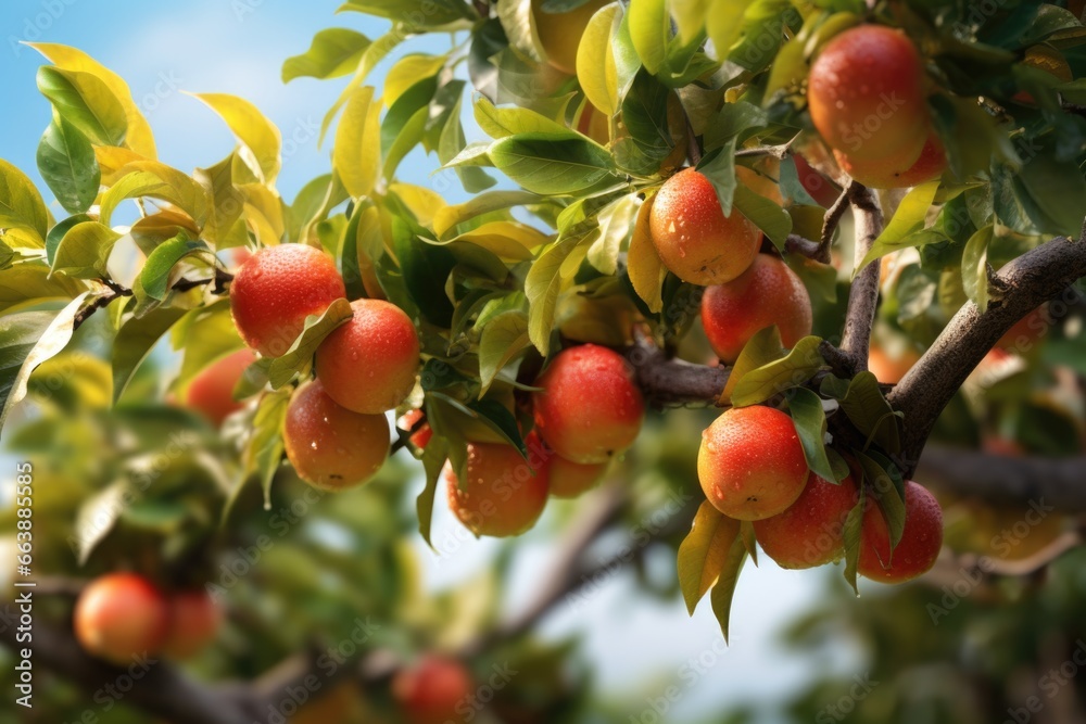Aufkleber a bunch of oranges hanging from a tree. this image can be used to depict a vibrant fruit orchard or 
