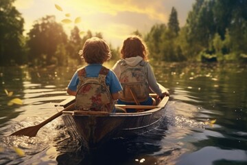 Two children are pictured in a canoe on a peaceful lake. This image can be used to depict outdoor activities, summer vacations, or family adventures. - obrazy, fototapety, plakaty