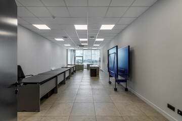 Interior of a modern office with huge panoramic windows, after renovation