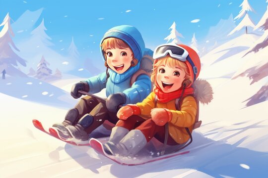 Cute children sledding in snowy park illustration. Child cold winter fun holiday. Generate Ai