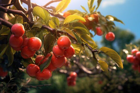 A bunch of red cherries hanging from a tree. This image can be used to showcase fresh fruits or to represent summertime and nature.
