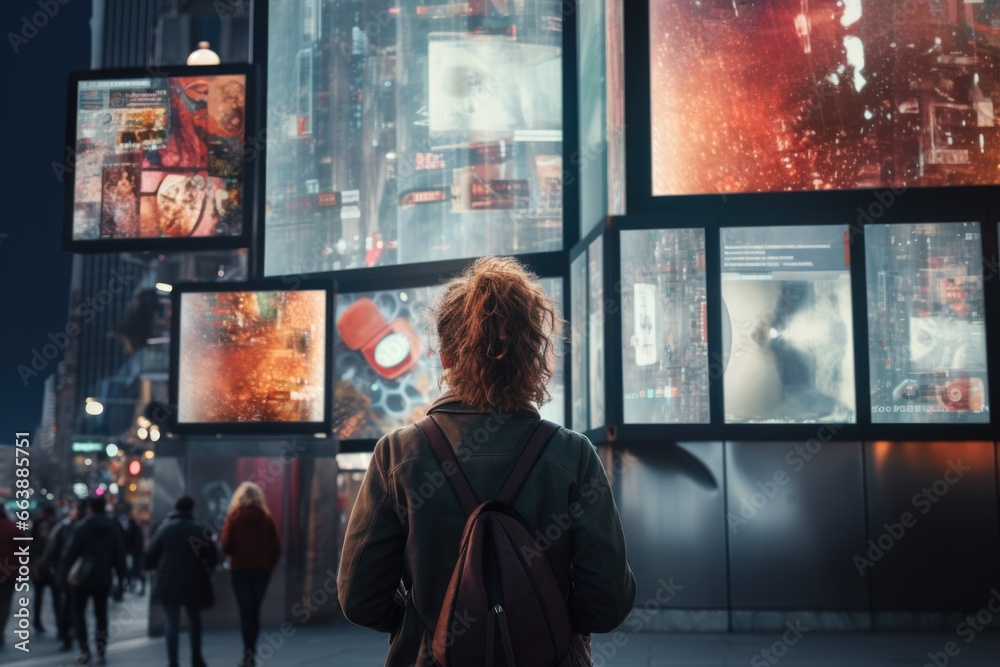 Aufkleber A woman standing in front of a building with multiple screens. This image can be used to depict technology, modern communication, or the digital age