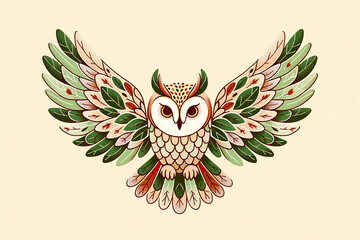 Symmetrical Owl with Leaf-Patterned Wings in Earthy Tones