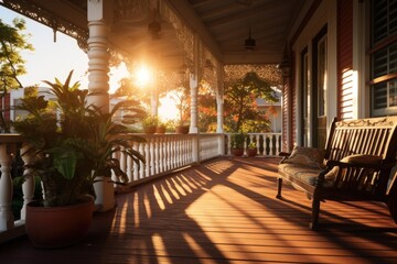A wooden bench sitting on a porch next to a potted plant. This image can be used to depict a cozy outdoor seating area.