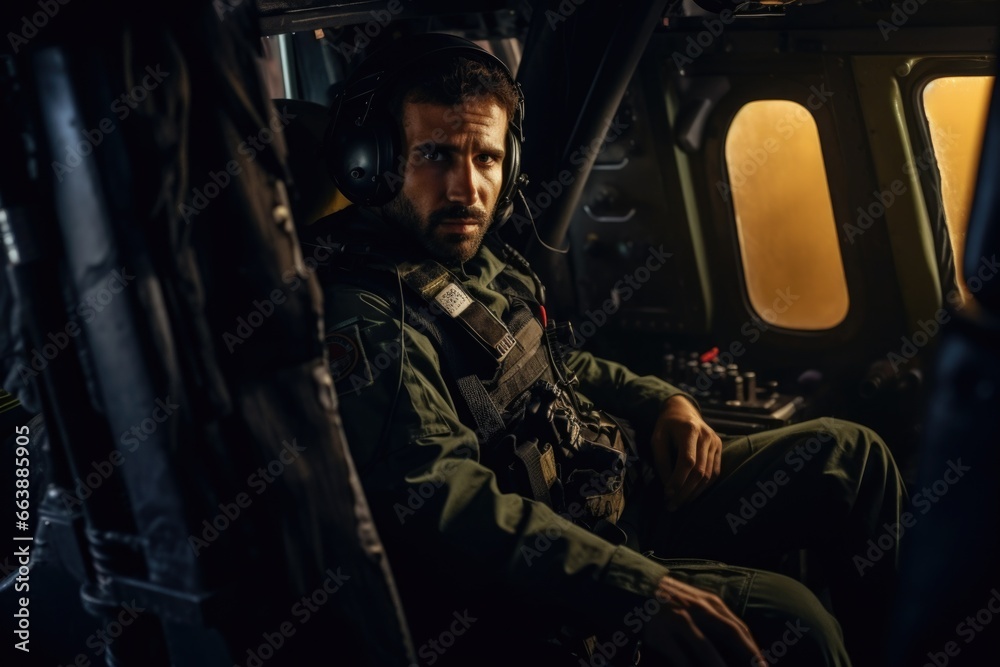 Poster a man is sitting in the cockpit of a helicopter. this image can be used to depict a pilot preparing 