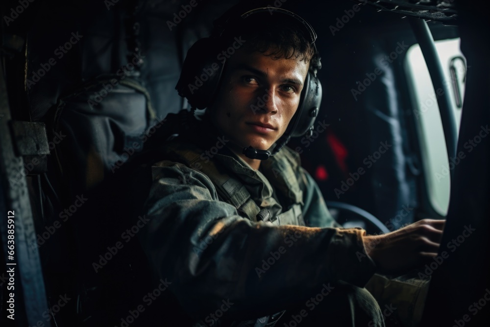 Poster a man sitting in the cockpit of a helicopter. this image can be used to depict a helicopter pilot or