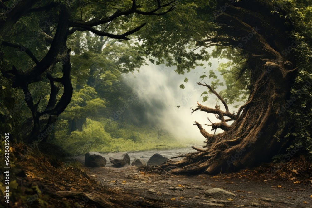 Poster a picture of a tree situated in the center of a dense forest. this image can be used to depict natur