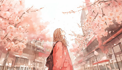 桜と街と遠くを見る女性 - obrazy, fototapety, plakaty