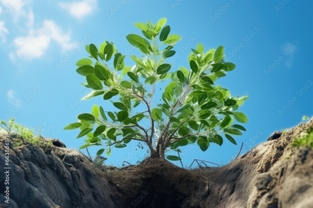 Poster a tree emerging from a hole in the ground. this image can be used to represent growth, resilience, a
