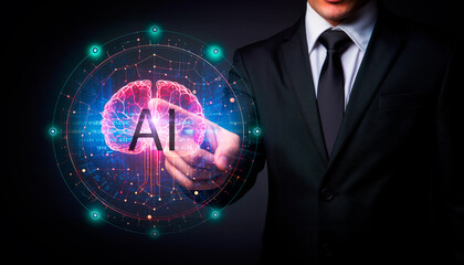 Businessman finger pointing to a button on Artificial Intelligence AI touch screen interface on black background. Technology and learning machine concept