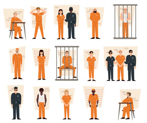 Various scenes from a prison on a white background. Vector illustration in a flat style. Prison icons set. Cartoon set of prison. Prison staff guard criminals.