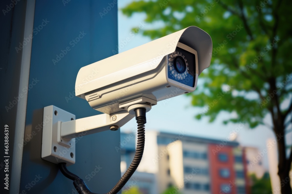 Poster a security camera mounted on the side of a building. this image can be used to depict surveillance, 
