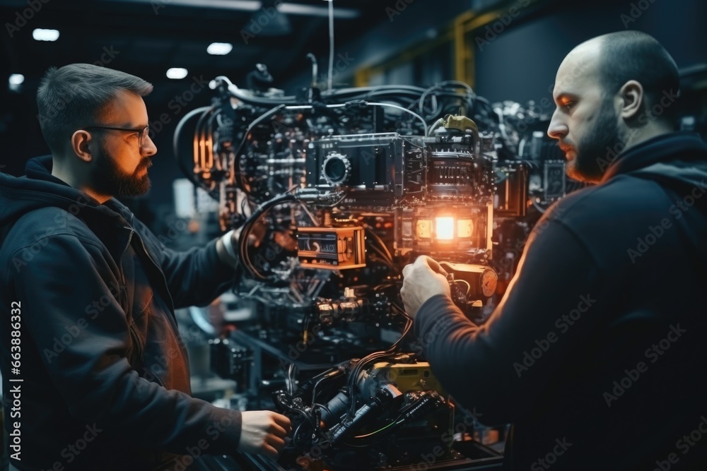 Poster two men are shown working on a machine in a factory. this image can be used to depict industrial wor