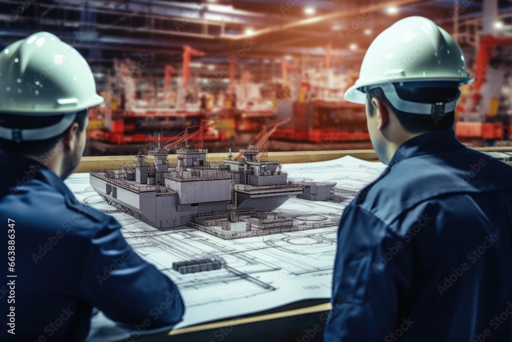 Aufkleber two men in hard hats examining a blueprint. suitable for construction and engineering concepts