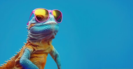 Chameleon lizard on a blue background wearing colored glasses - obrazy, fototapety, plakaty