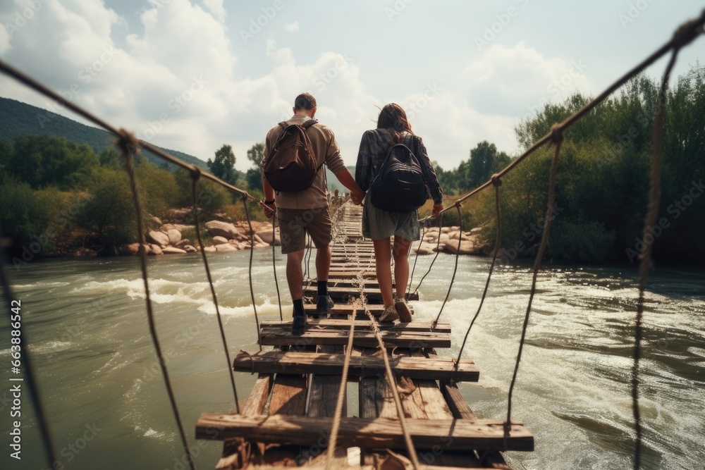 Aufkleber a picture of two people walking across a suspension bridge over a river. this image can be used to d