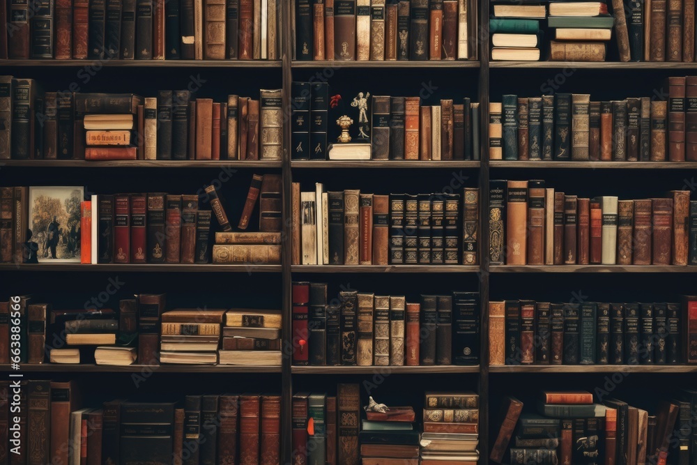 Poster An image showing a bookshelf filled with numerous old books. Perfect for illustrating a library, vintage collection, or the joy of reading.