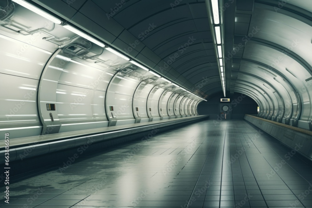 Poster a subway station with a train coming into the tunnel. this image can be used to depict urban transpo