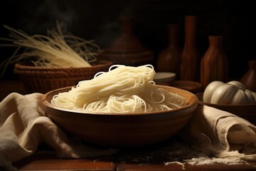 Fototapeta premium A wooden bowl filled with noodles is placed on top of a table. This image can be used to depict a delicious meal or to showcase Asian cuisine
