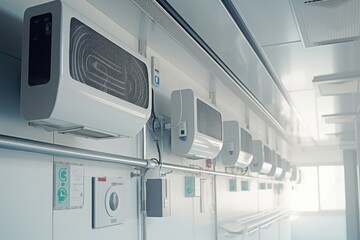 A row of air conditioners mounted to the side of a wall. Ideal for cooling large spaces efficiently