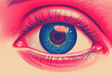 Abstract illustration of an open blue eye. Generative AI. Risograph style