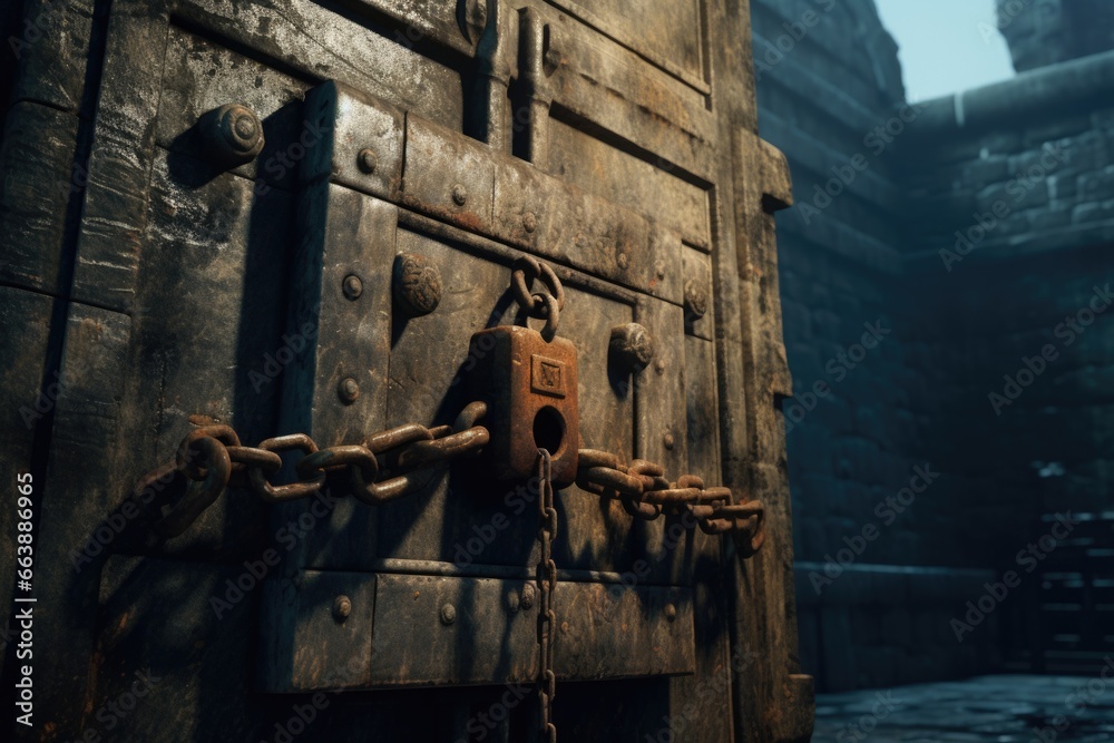 Poster a picture of a locked door with a chain on it. this image can be used to depict security, protection