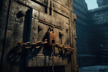A picture of a locked door with a chain on it. This image can be used to depict security, protection, or restricted access.