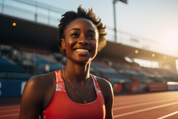 Happy African American Female Athlete on Track - obrazy, fototapety, plakaty