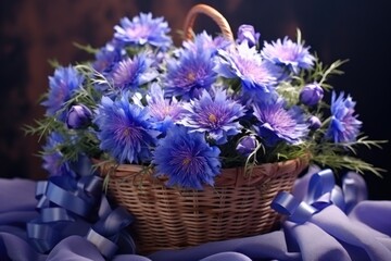 Obraz premium A basket filled with blue flowers placed on top of a table. Suitable for home decor, floral arrangements, or spring-themed designs.