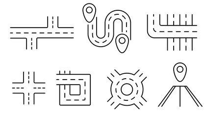 Road icon set. Road sections of different shapes. Navigation and roads related editable stroke outline icons set.