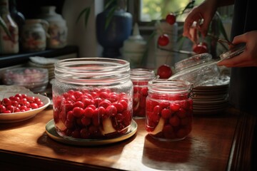A table with various jars filled with delicious cherries. Perfect for food and summer-themed designs.
