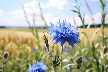 A close-up shot of a beautiful blue flower in a field. Perfect for nature enthusiasts and floral-themed projects. - Powered by Adobe