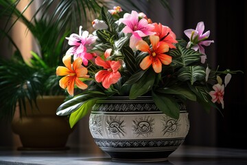 A pot of flowers sitting on top of a table. This image can be used to decorate a home or office space.