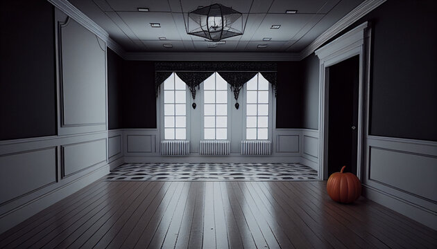 Kürbis in einem leeren Raum gruselig Ambiente zu Halloween Wohnung Deko Generative AI 