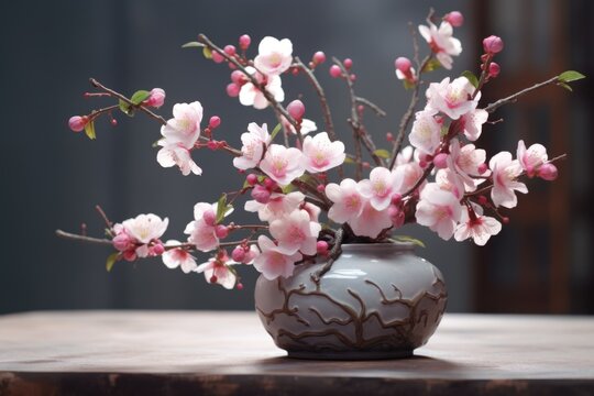 A beautiful arrangement of pink flowers fills a vase sitting on top of a wooden table. This image can be used to add a touch of elegance and nature to various design projects.