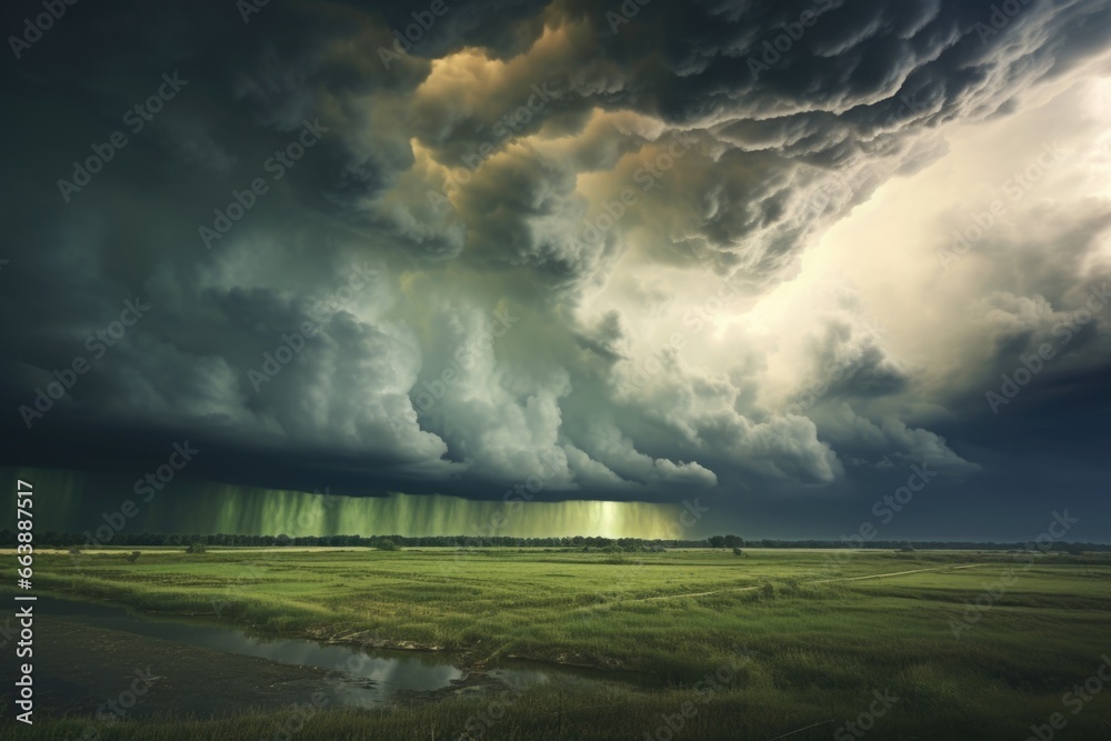 Poster a green field with a storm approaching.