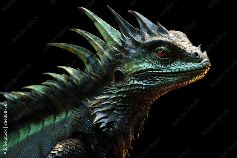 Poster A detailed close-up view of a lizard against a black background. This image can be used for various purposes.