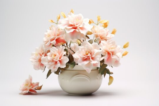 A white vase filled with pink and yellow flowers. This image can be used for various purposes, such as home decor, gardening, or floral arrangements.